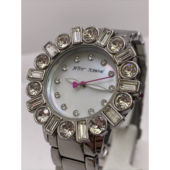 Betsey Johnson Womens Mother Of Pearl Clear Gem Watch New Battery Works main image 4